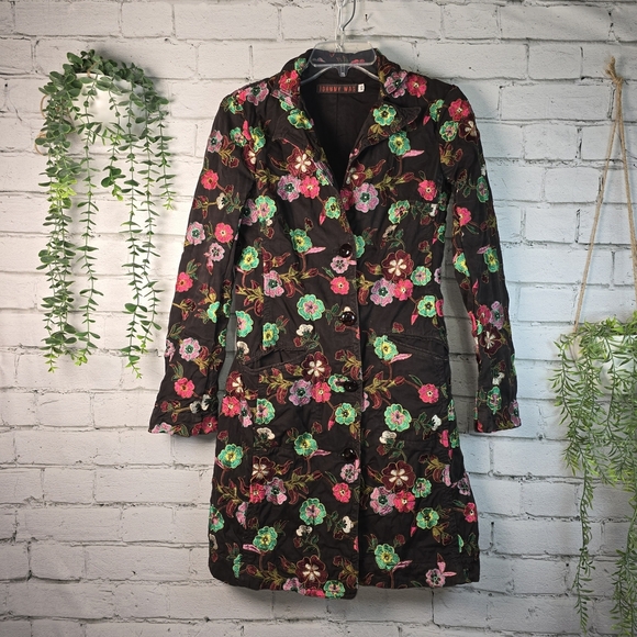 Johnny Was Jackets & Blazers - JOHNNY WAS CHOCOLATE BROWN FLORAL EMBROIDERED TRENCH COAT WOMENS XS